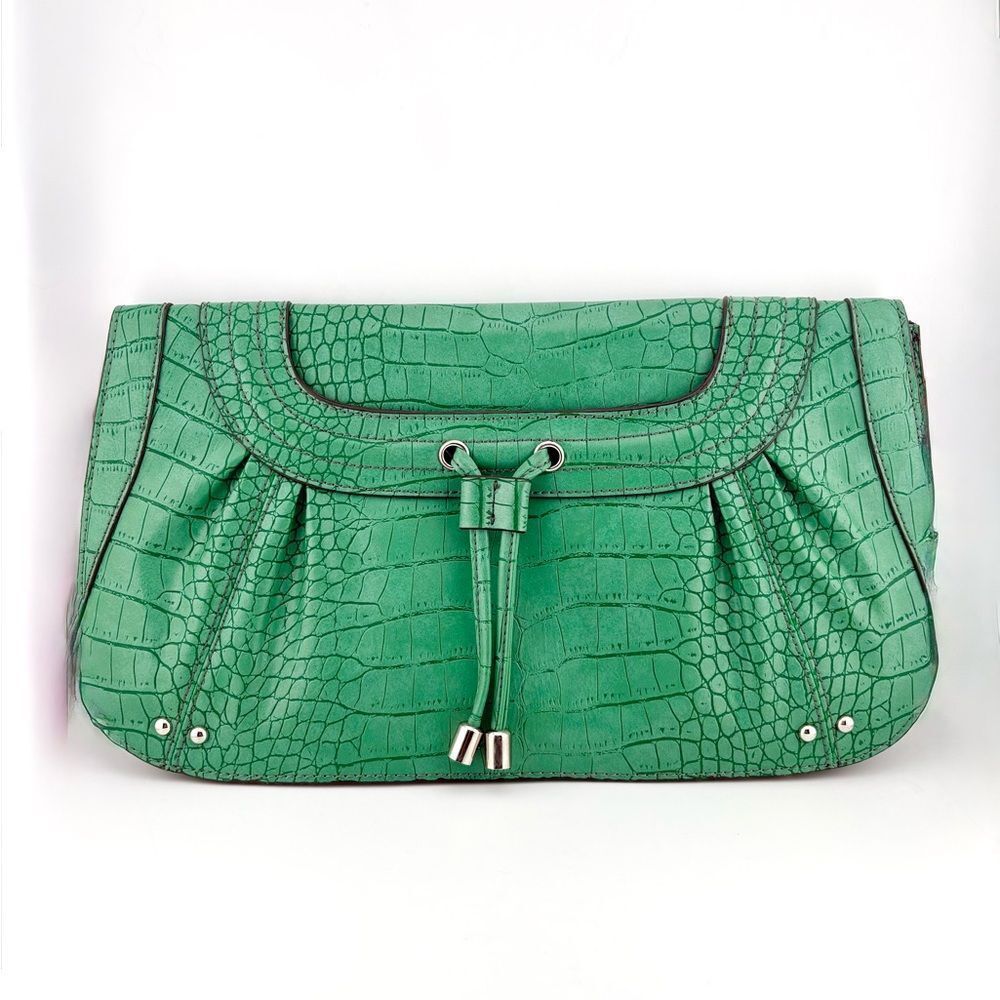 Nine West Emerald Green Crocodile-Embossed Leather Clutch with Silver Hardware